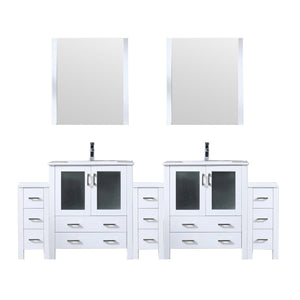 English Elm White Double Bath Vanity 96 in W x 18.25 in D with Side Cabinets, Scratch-Resist Ceramic Top, Chrome Faucet Set and 28 in Mirrors B2731S01223