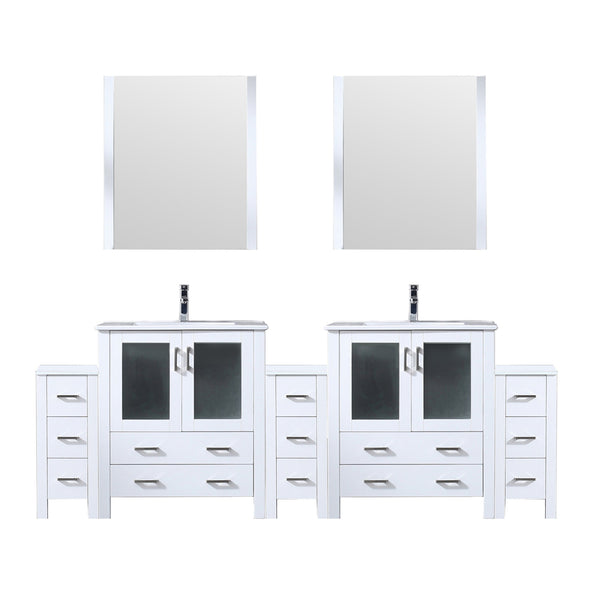 English Elm White Double Bath Vanity 96 in W x 18.25 in D with Side Cabinets, Scratch-Resist Ceramic Top, Chrome Faucet Set and 28 in Mirrors B2731S01223