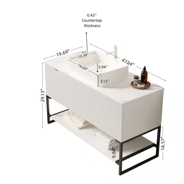 English Elm 48" Freestanding Bathroom Vanity Cabinet Sintered Stone Top Woodgrain Finish Open Shelf W2615S00107