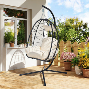 English Elm Hanging Egg Swing Chair Pe Wicker Ergonomic Cradle with Stand for Patio or Bedroom T5880P497556