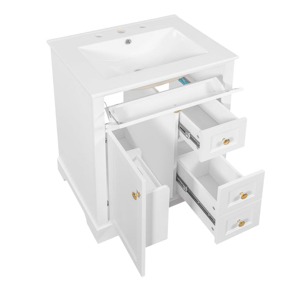 English Elm "24'' 24 Inch Glossy Freestanding Bathroom Vanity with Gold Hardware and Soft Close Storage White Pinewood N725P375495K