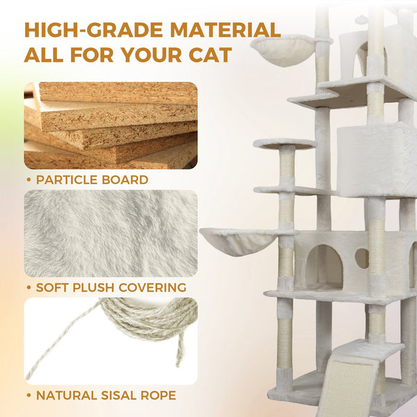 English Elm 84 Inch Tall Multi Cat Tower with Sisal Posts Hammock Triple Condos and Top Perch W243P382891