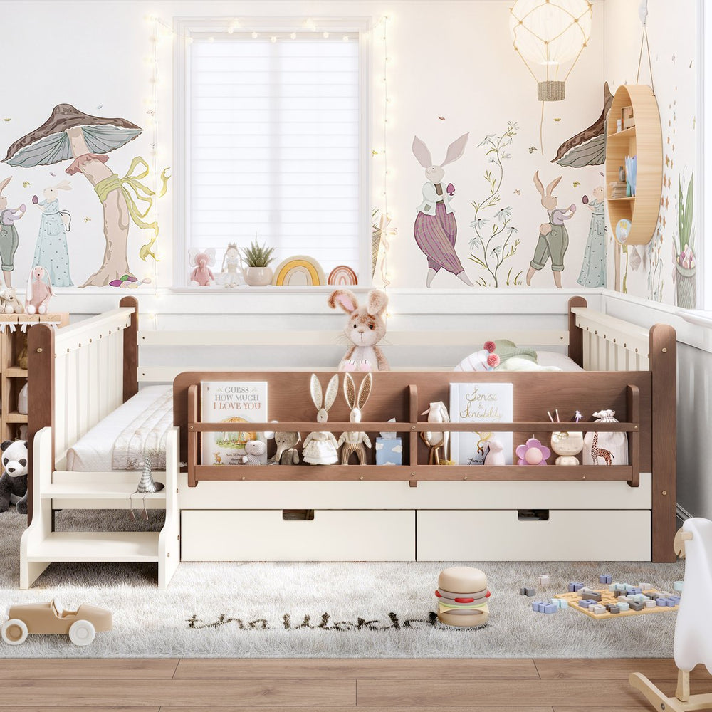 English Elm Queen Bunk Bed with Trundle Solid Pine Kids Car Themed Frame Built-in Bookshelf Beige W1580S00542