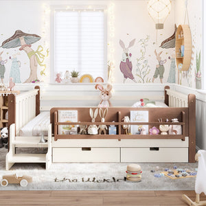 English Elm Queen Bunk Bed with Trundle Solid Pine Kids Car Themed Frame Built-in Bookshelf Beige W1580S00542