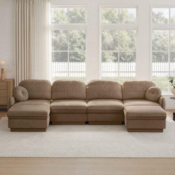 English Elm 137" Oversized U-shaped Chenille Sectional with Ottoman Quilted Cushions for Spacious Living Light Coffee W714S01764
