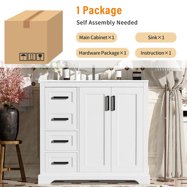 English Elm 36" Modern Bathroom Vanity with Ceramic Sink, Soft-Close Doors, 3 Drawers & Ample Storage for Small Baths White N729P280194K