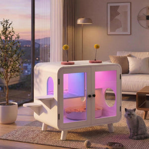 English Elm Cat Litter Box Enclosure Mdf Cabinet with Rgb Lighting Glass Doors and Play Loft White N704P419240K