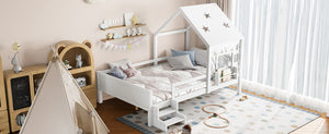 English Elm Full Bunk Bed with Trundle Bookshelf Storage Pine Frame Car Design for Kids Light White W1580S00295