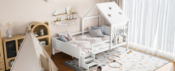 English Elm Full Bunk Bed with Trundle Bookshelf Storage Pine Frame Car Design for Kids Light White W1580S00295