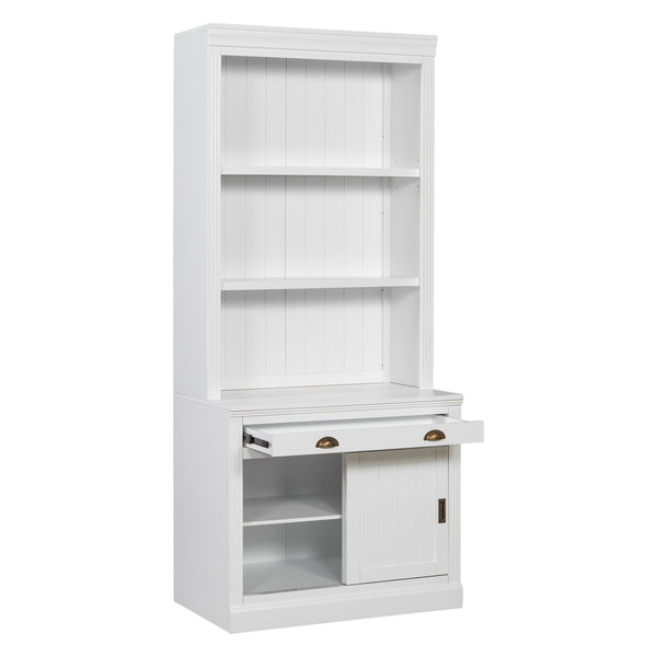 English Elm 83.4"Tall White Bookshelf Suite With Led Lighting, Sliding Doors & Drawers For Stylish Storage Solutions N751S059620K