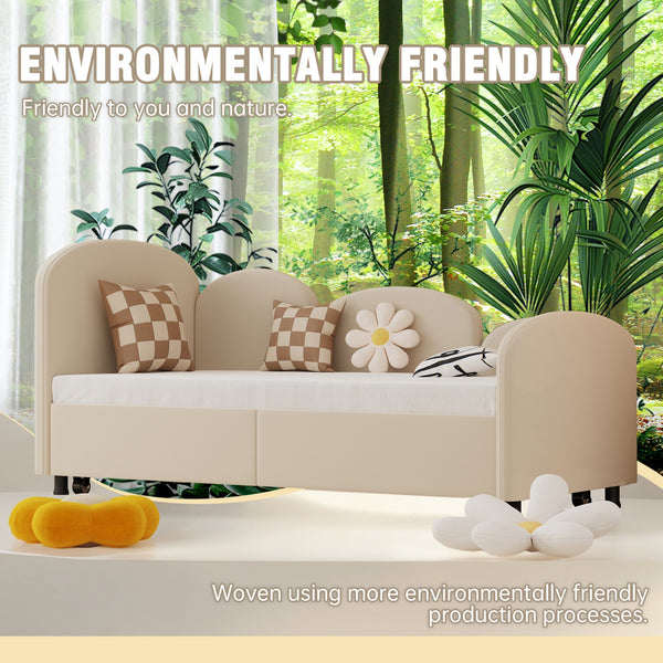 English Elm Twin Flower Shape Velvet Daybed with Storage Drawer, Modern Kids Sofa Bed Frame for Bedroom Beige W395S00115