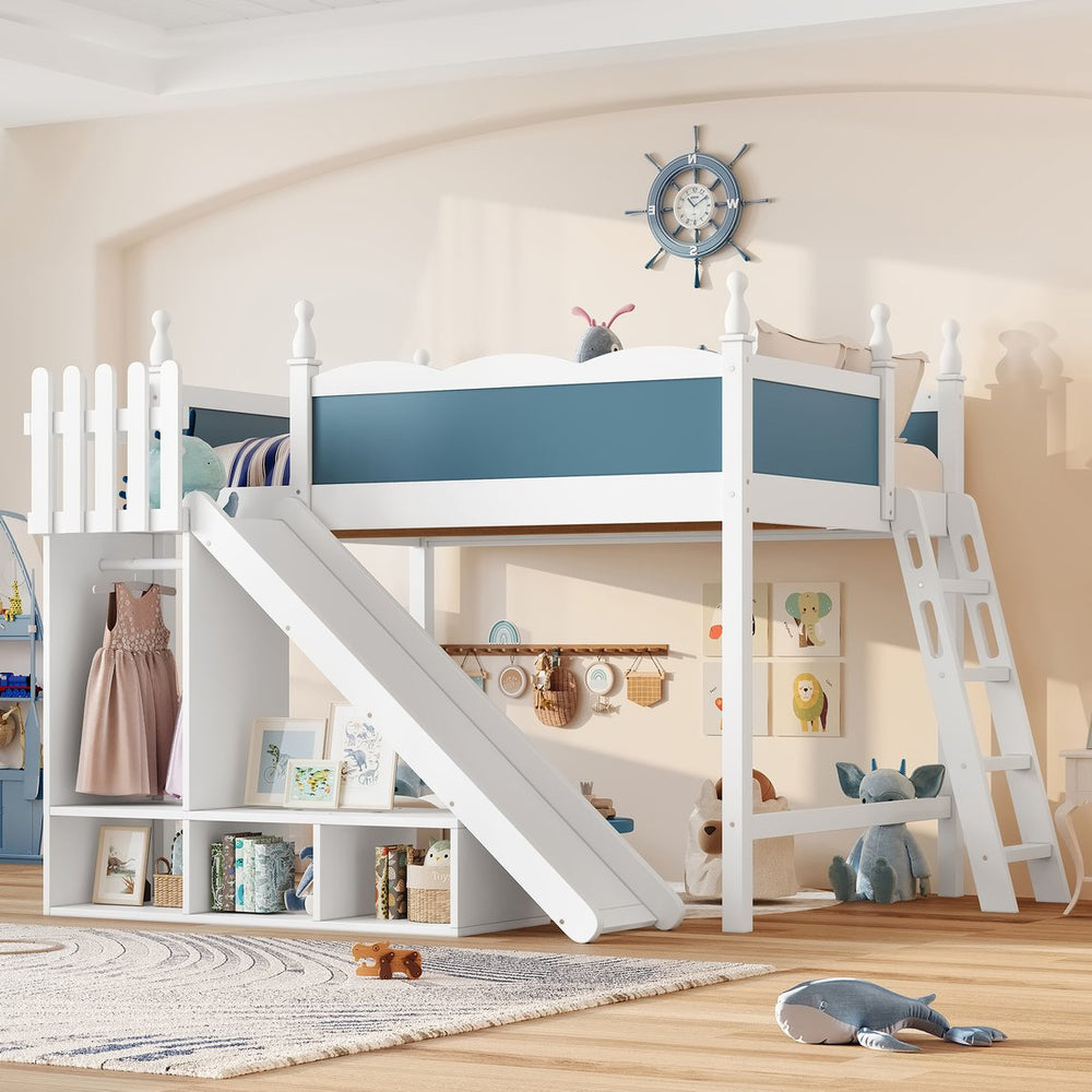 English Elm Twin Loft Bed Solid Pine Frame with Wardrobe Shelving Detachable Slide Kids Room White+Blue W5305S00024