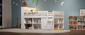 English Elm Full Size Kids Loft Bed with Led Headboard Open Shelving and Natural Wood Frame White N7090005024K