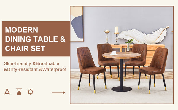 English Elm Table Set: 31.5" Dark Wood Grain Round Dining Table & 4 Brown Tech-Fabric Chairs For Small Spaces W1151S02482-GIGA