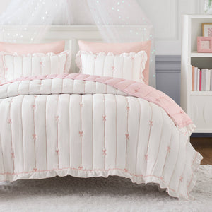 English Elm 3-piece Reversible Microfiber Quilt Set Bow Embroidery Ruffled Trim Romantic Bedroom Pink+White B035P482881