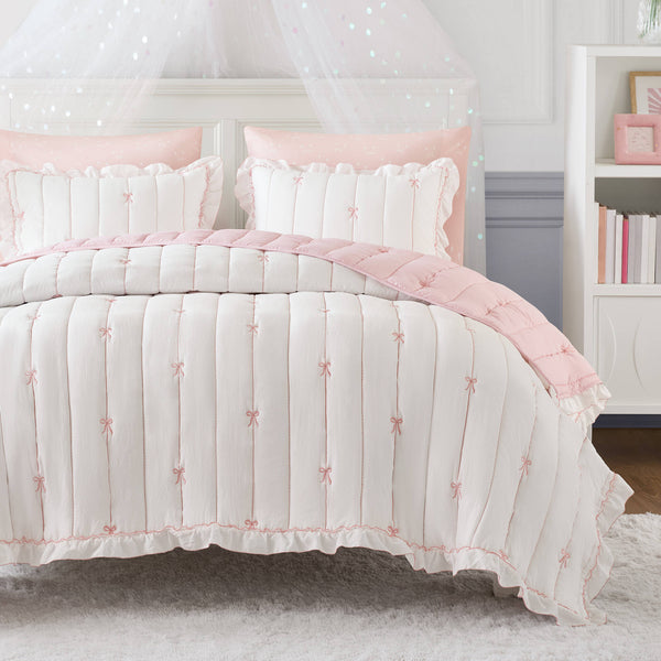 English Elm 3-piece Reversible Microfiber Quilt Set Bow Embroidery Ruffled Trim Romantic Bedroom Pink+White B035P482881