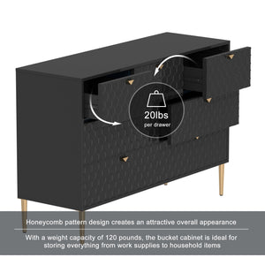 English Elm Modern 7-Drawer Storage Cabinet in Black with Gold Legs & Honeycomb Fronts – Stylish Versatile Organizer for Bedroom, Office, Entryway T3609P347457