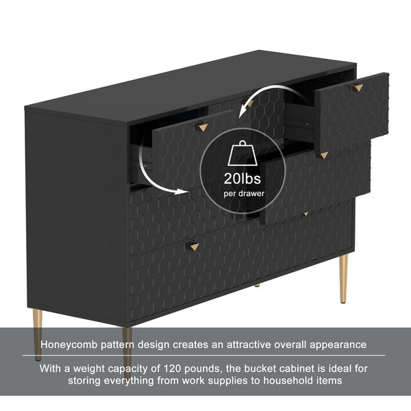 English Elm Modern 7-Drawer Storage Cabinet in Black with Gold Legs & Honeycomb Fronts – Stylish Versatile Organizer for Bedroom, Office, Entryway T3609P347457