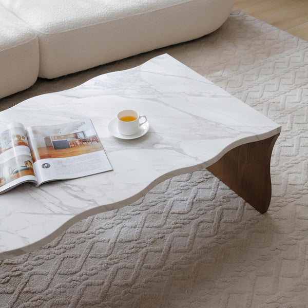 English Elm 47.24" Whisper Of Waves Modern Coffee Table – Elegant White Faux Marble & Walnut Base For Any Space W2664P346445