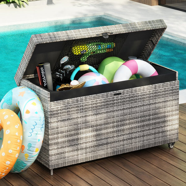 English Elm K&K 200 Gallon Wicker Deck Box with Lockable Lid, Hydraulic Pistons, Wheels, Weatherproof Storage Grey N707P245457G