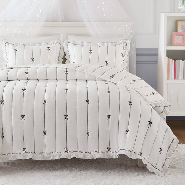 English Elm 3-piece Reversible Microfiber Quilt Set Bow Embroidery Ruffled Trim Romantic Bedroom White+Black B035P482885