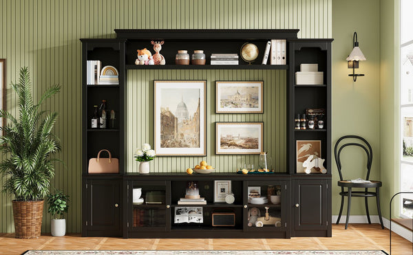 English Elm Entertainment Wall Unit with Glass Doors Open Shelving Mdf Living Room Storage Black N710S688102B