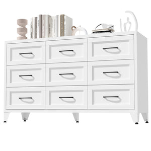 English Elm 9 Drawer Steel Dresser Low Profile White Powder Coated Frame Quiet Glide Bedroom Storage T2398P465982
