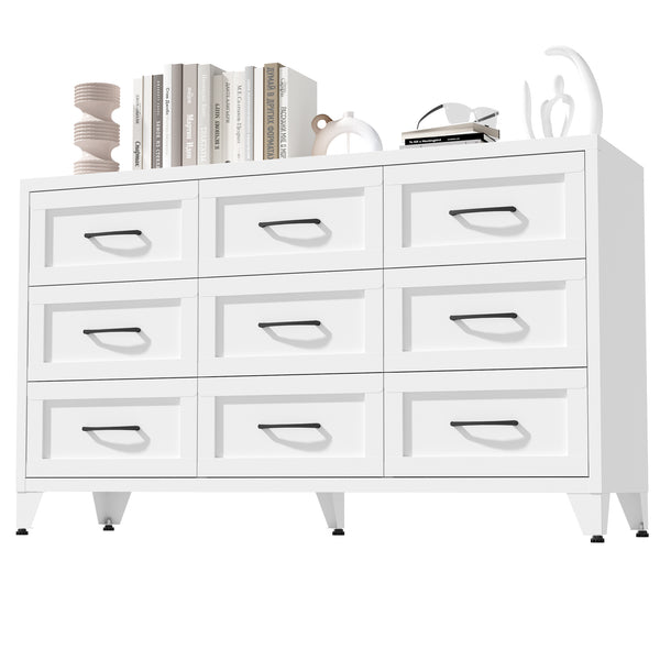 English Elm 9 Drawer Steel Dresser Low Profile White Powder Coated Frame Quiet Glide Bedroom Storage T2398P465982