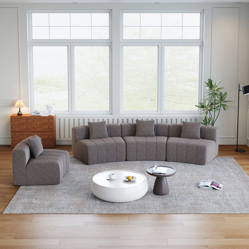 English Elm Chenille Semi Circular Modular Sectional Sofa with Sculptural Curved Silhouette and Four Pillows W834S00616