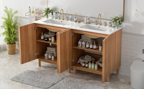 English Elm Modern 48 Inch Freestanding Bathroom Vanity Dual Ceramic Sinks Soft Close Gold Handles N729P000012O