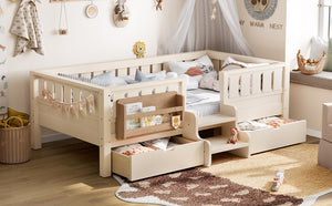 English Elm Twin Kids Storage Bed with Bookshelf Headboard Safety Staircase and Under Drawers Beige W1580P379183