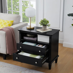 English Elm Open Dresser Nightstand with Charging Station and Open Shelf, 2 Drawers, Solid Wood Legs, Farmhouse Appeal Black W1693P216933