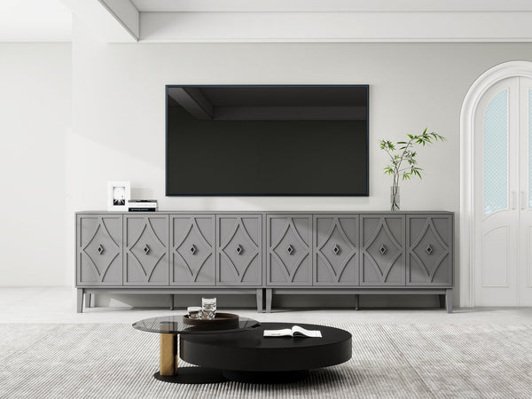English Elm 4 Door Sideboard Buffet with Hand Carved Geometric Panels Black Oak Finish Raised Legs W688P359831