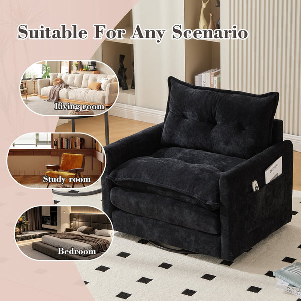English Elm UNITED Swivel Barrel Chair with Chenille Upholstery, 360° Smooth Rotation, Padded Arm Comfort and Side Pockets for Living Room Relaxation Black W1568P290088