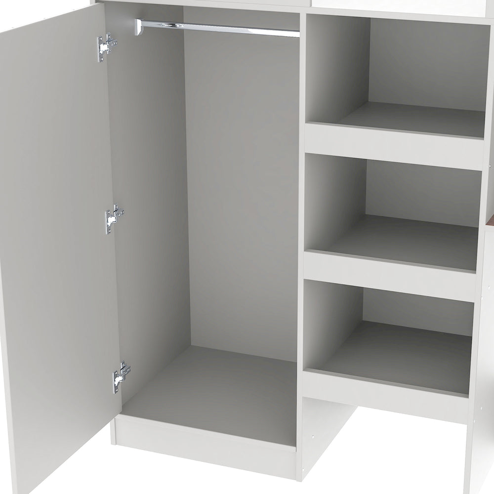 English Elm Wood Full Size Loft Bed with Built-In Wardrobe, Spacious Desk, Shelves and 3 Drawers for Storage Grey GX001819AAE