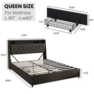 English Elm Queen Metal Platform Bed with Ergonomic Headboard Built-in Outlets and Storage Shelf W3107S00006