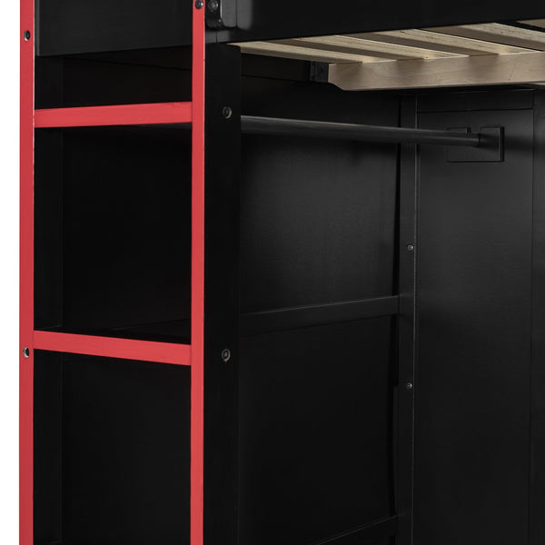 English Elm Full Size Gaming Loft Bed with Rgb Lighting Desk Wardrobe and Built-in Storage Red LT100261AAR