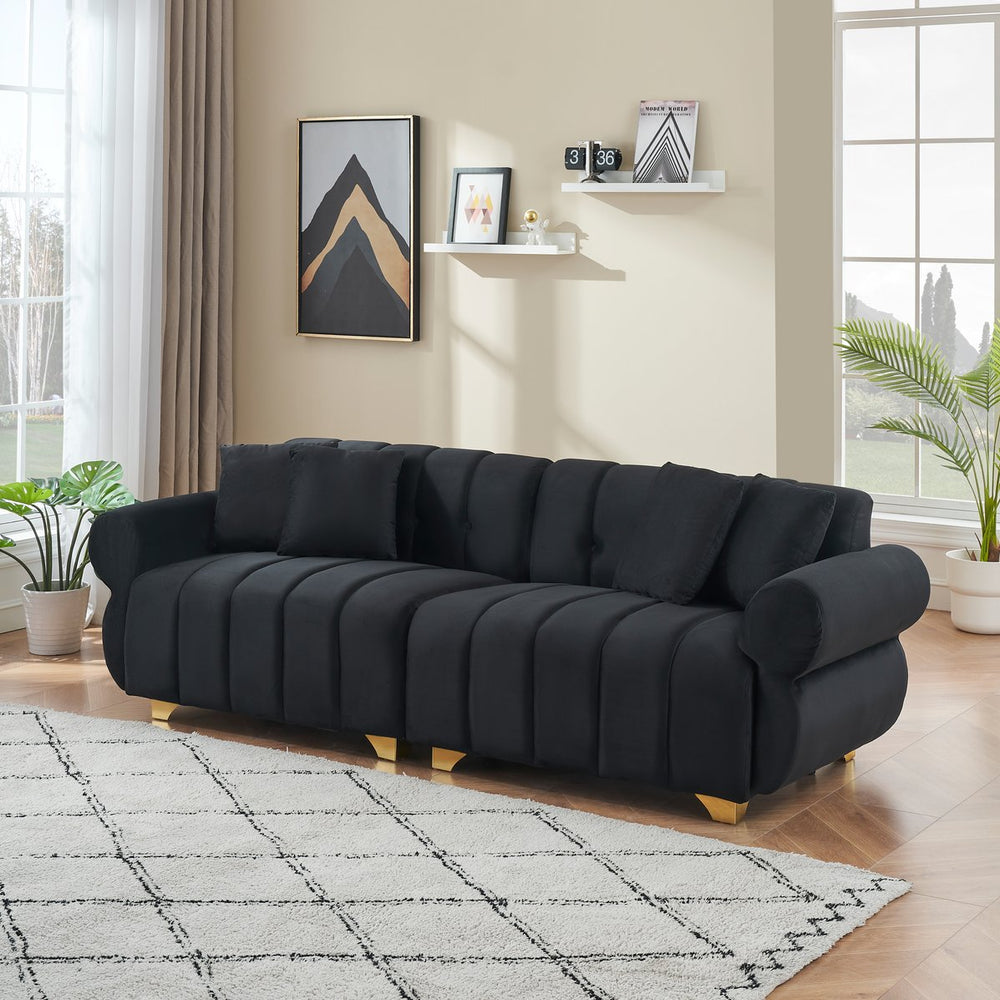English Elm 89-inch Channel Tufted Flannelette Sofa with Spring Cushions and Polished Metal Legs W1658P329003