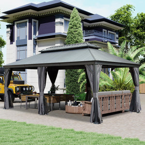 English Elm 12'x20' Hardtop Gazebo Dual Roof Alloy Frame Permanent Patio Pavilion with Gutters W1859S00188