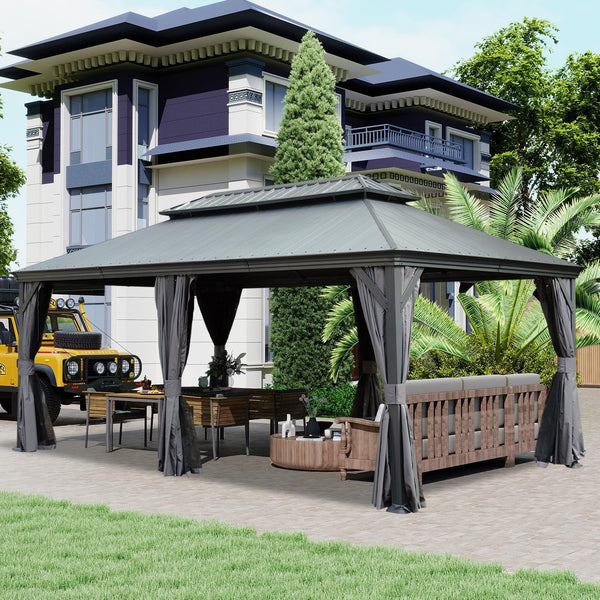 English Elm 12'x20' Hardtop Gazebo Dual Roof Alloy Frame Permanent Patio Pavilion with Gutters W1859S00188