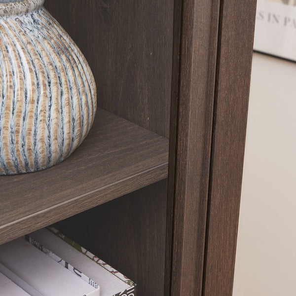 English Elm Glass 4-Tier Display Cabinet with Tempered Glass Doors, Flip-Up Access, Aluminum Frame, Elegant Chic Storage for Collectibles and Books Brown W2275P206601