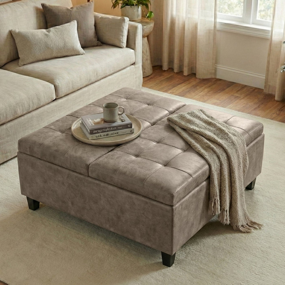 English Elm Harrison Tufted Faux Leather Storage Ottoman with Lift Top for Living Room Use B136P439027