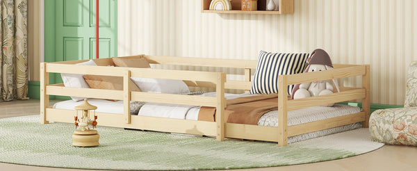 English Elm Twin Pine Montessori Floor Bed for Kids with Safety Fence, Low Profile Twin Frame, Natural Finish W1820P331919