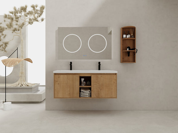 English Elm 48" Wall-Mounted Bathroom Vanity With Double Sink, Soft-Close Doors & Storage Rack For Modern Homes W999S00346