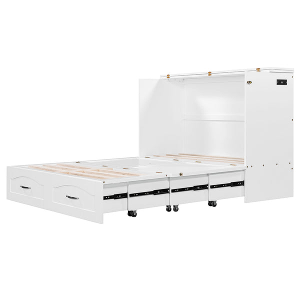 English Elm Full Size Murphy Wall Bed with Storage Drawers Usb Charging Ports and Pulley Mechanism White LP100670AAK
