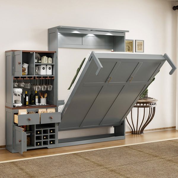 English Elm Queen Murphy Bed with Wine Rack Glass Holder Led Lighting and Cabinet White Gray LP000391AAE