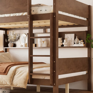 English Elm Queen Over Solid Pine Bunk Bed with Built in Shelves and Tray for Guest Rooms Brown W5305S00008