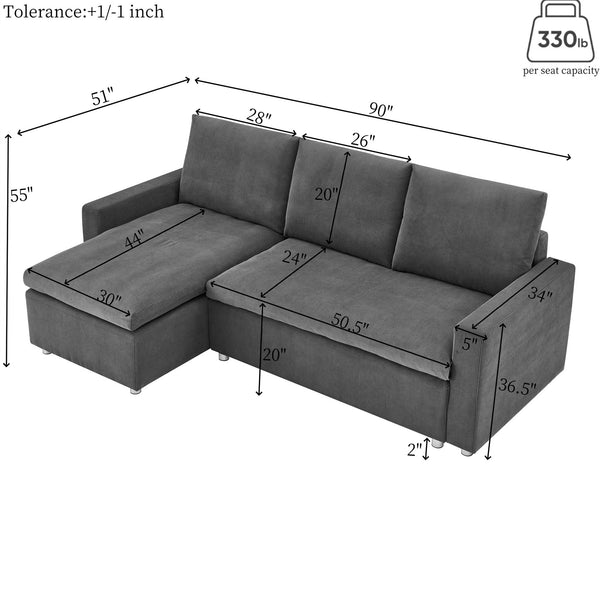 English Elm L L Shaped Convertible Sleeper Sofa Bed with Reversible Chaise, Pull-Out Bed, Hidden Storage Covers Grey W1117S00114