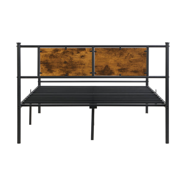 English Elm Queen Steel Bed Frame with Wood Panel Headboard Modern Matte Black Bedroom Design W2297P281498