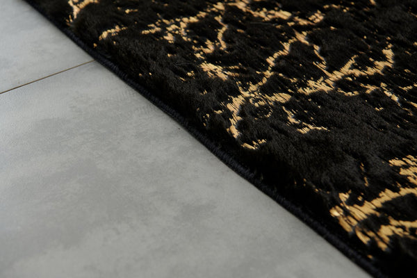 English Elm Luxury Plush Black And Gold-Gilded Abstract Faux Fur Area Rug - Machine Washable Elegance For Home B030P233677